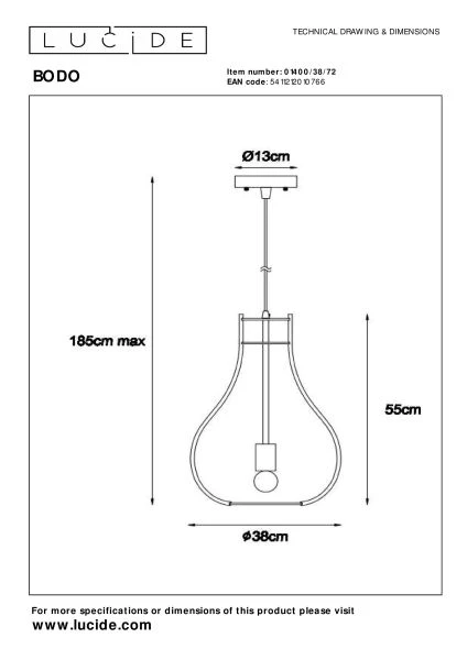 Lucide BODO - Pendelleuchten - Ø 38 cm - 1xE27 - Natürlich - TECHNISCH